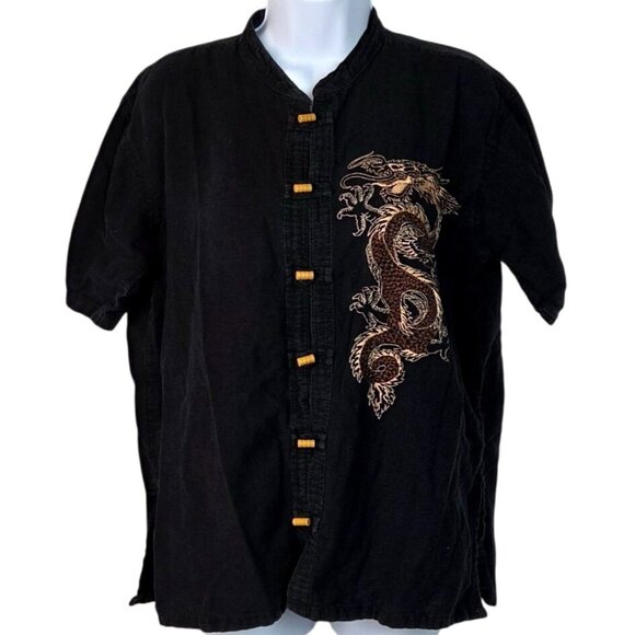 Vintage Other - Vintage Arda Black Traditional Chinese Dragon Embroidered Toggle Front Shirt XL
